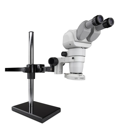 SCIENSCOPE Ergo Stereo Zoom Microscope With LED Ring Light On A Gliding Stand. CMO-PK5-E1-E
